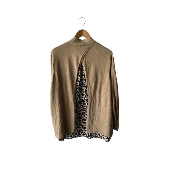 𝅺chico's 3 (XL) Brown Open Front Cardigan Leopard Peek-a-Boo Panel Back Sweater - Picture 6 of 8